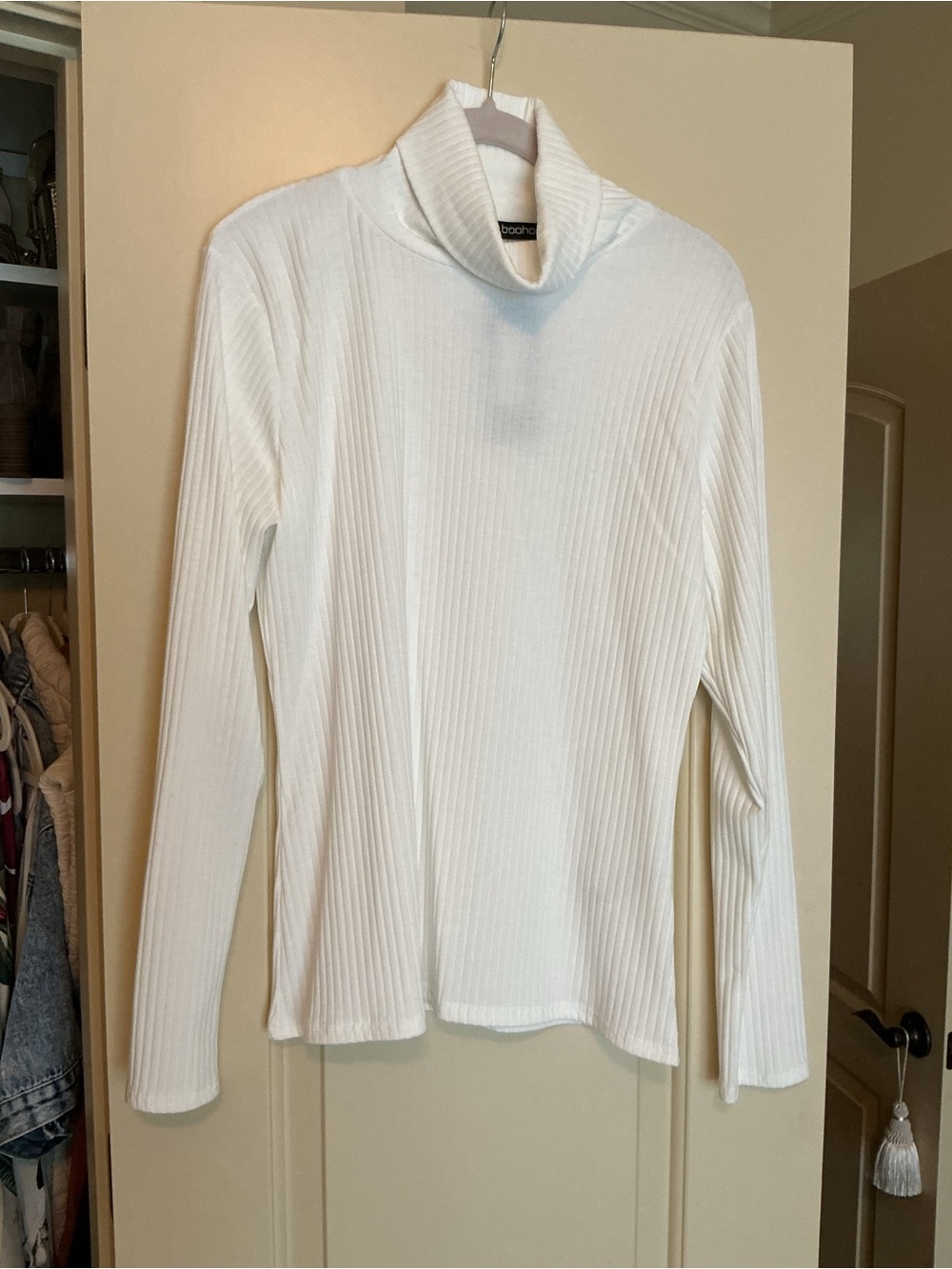 Boohoo Cream Ribbed Funnel Neck Long Sleeve Sweater